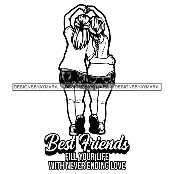 Best Friends Girls Walking Together Hugging Pony Tail Hairs Wearing T-Shirt Shorts Girl Black And White SVG JPG PNG Vector Clipart Cricut Silhouette Cut Cutting