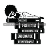Women Laying Stack Of Books Challenge Freedom Determination Endurance Perseverance Black Curly Hairs Hair Girl Wearing Blouse Pant Black And White SVG JPG PNG Vector Clipart Cricut Silhouette Cut Cutting