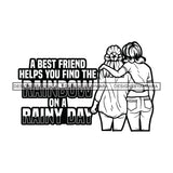 Best Friends Girls Walking Together Hugging Hug Pony Tail Hairs Wearing T-Shirt Shorts Pant Girl Best Friend Rainbow Rainy Day Black And White SVG JPG PNG Vector Clipart Cricut Silhouette Cut Cutting