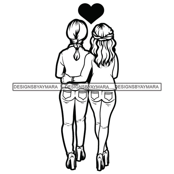 Best Friends Girls Walking Together Hugging Hug Pony Tail Hairs Wearing T-Shirt Pant Girl Best Friend Lesbian Lesbians Heart Black And White SVG JPG PNG Vector Clipart Cricut Silhouette Cut Cutting