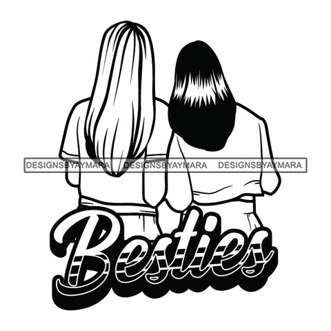 Besties Best Friends Girls Standing Together Long Black Blonde Hairs Wearing T-Shirt Girl Woman Best Friend Lesbian Lesbians Love Black And White SVG JPG PNG Vector Clipart Cricut Silhouette Cut Cutting