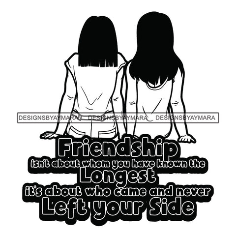 Friendship Besties Best Friends Girls Sitting Together Straight Black Hairs Wearing T-Shirt Pant Girl Woman Best Friend Lesbian Lesbians Love Black And White SVG JPG PNG Vector Clipart Cricut Silhouette Cut Cutting