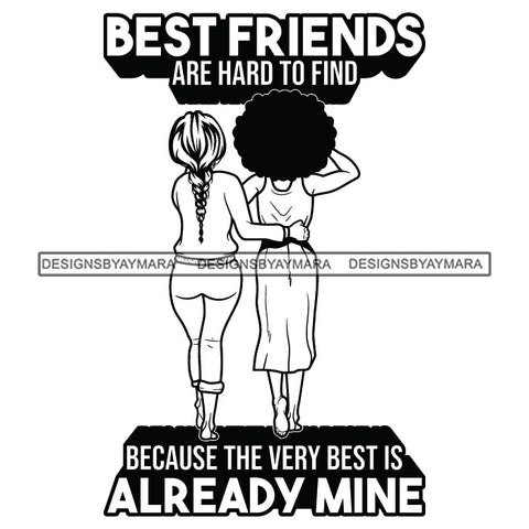 Friendship Besties Best Friends Girls Standing Together Hugging Hug Pony Tail Blonde Hairs Curly Black Hair Girl Woman Best Friend Lesbian Lesbians Love Black And White SVG JPG PNG Vector Clipart Cricut Silhouette Cut Cutting