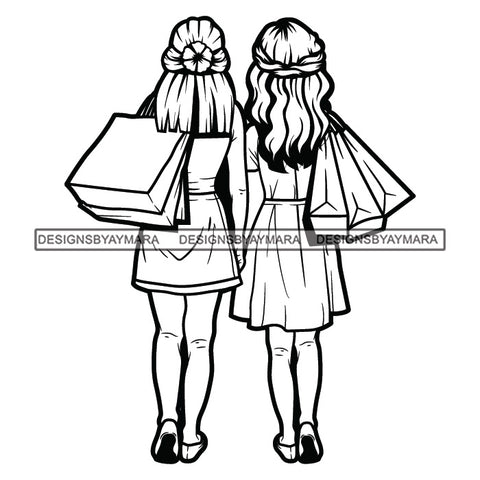 Friendship Besties Best Friends Girls Walking Together Holding Hands Shopping Bags Bag Wearing Skirt Pony Tail Blonde Hairs Girl Woman Best Friend Lesbian Lesbians Love Black And White SVG JPG PNG Vector Clipart Cricut Silhouette Cut Cutting