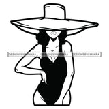 Standing Woman Wearing Black Hot Sexy Dress Cowgirl Hat Cap Showing Cleavage Black Hairs Black And White SVG JPG PNG Vector Clipart Cricut Silhouette Cut Cutting