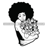 Standing Woman Wearing Black Dress Holding Rose Flowers Bouquet Bookay Black Curly Hairs Black And White SVG JPG PNG Vector Clipart Cricut Silhouette Cut Cutting