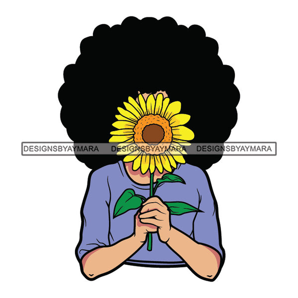 Standing Woman Wearing Blue Round Neck Shirt Dress Holding Sunflower Hiding Face Behind Flower Curly Hairs SVG JPG PNG Vector Clipart Cricut Silhouette Cut Cutting