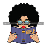 Woman Reading Bible Wearing Yellow Googles Holding Book Both Hands Curly Hairs Girl Red Lipstick SVG JPG PNG Vector Clipart Cricut Silhouette Cut Cutting