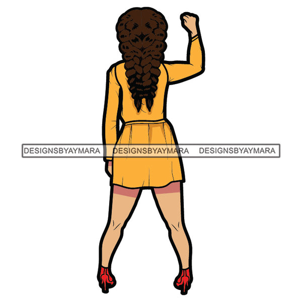 Girl Standing Backwards Pony Tail Brown Hairs Hair Style Woman Wearing Yellow Dress Heel Shoes SVG JPG PNG Vector Clipart Cricut Silhouette Cut Cutting