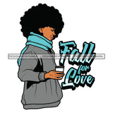Fall For Love Standing Woman Holding Coffee Cup Wearing Winter Jacket Black Curly Hairs Hair Style Girl SVG JPG PNG Vector Clipart Cricut Silhouette Cut Cutting