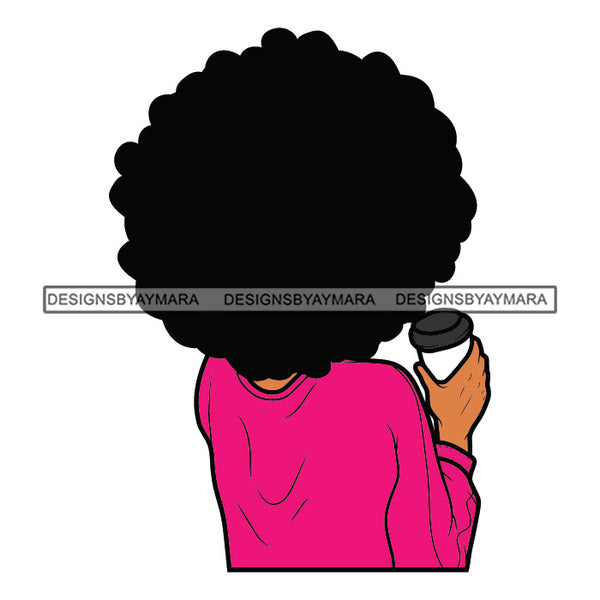 Woman Standing Backwards Holding Coffee Cup Wearing Pink Shirt Dress Black Curly Hairs Hair Style Girl SVG JPG PNG Vector Clipart Cricut Silhouette Cut Cutting
