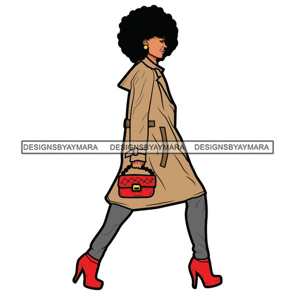 Walking Woman Holding Red Hand Bag Clutch Wearing Winter Long Coat Tights Pant High Heel Shoes Curly Black Hairs Hair Girl SVG JPG PNG Vector Clipart Cricut Silhouette Cut Cutting