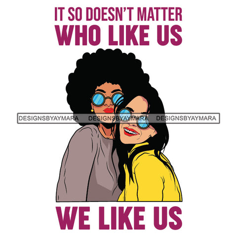 We Like Us Best Friends Women Hugging Hug Black Curly Straight Hairs Hair Wearing Googles Lesbian Girls Red Lipstick SVG JPG PNG Vector Clipart Cricut Silhouette Cut Cutting