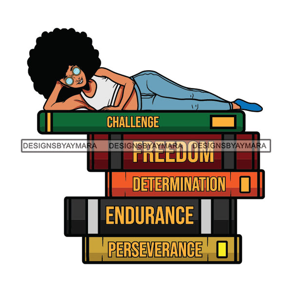 Women Laying Stack Of Books Challenge Freedom Determination Endurance Perseverance Black Curly Hairs Hair Girl Wearing Blouse Pant SVG JPG PNG Vector Clipart Cricut Silhouette Cut Cutting