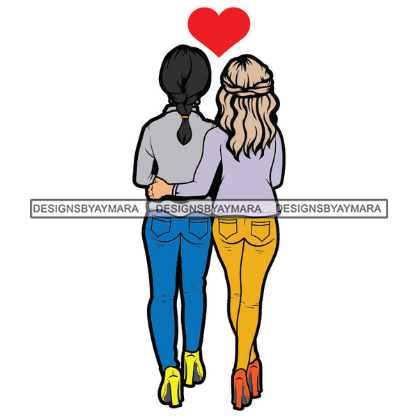 Best Friends Girls Walking Together Hugging Hug Pony Tail Hairs Wearing T-Shirt Pant Girl Best Friend Lesbian Lesbians Heart SVG JPG PNG Vector Clipart Cricut Silhouette Cut Cutting