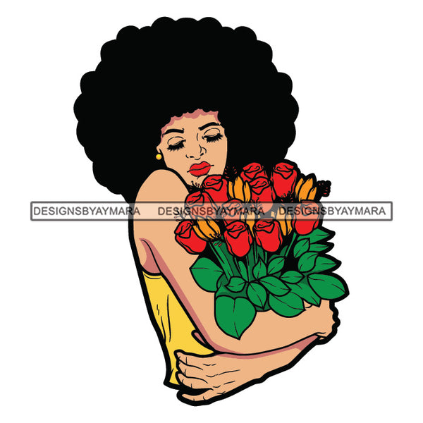 Standing Woman Wearing Yellow Dress Holding Rose Flowers Bouquet Bookay Black Curly Hairs Girl Red Lipstick SVG JPG PNG Vector Clipart Cricut Silhouette Cut Cutting