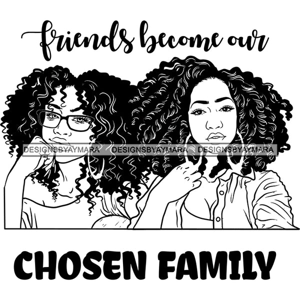 Beautiful Afro Women Best Friends Love Quote Buddies Friendship Illustration B/W SVG JPG PNG Vector Clipart Cricut Silhouette Cut Cutting