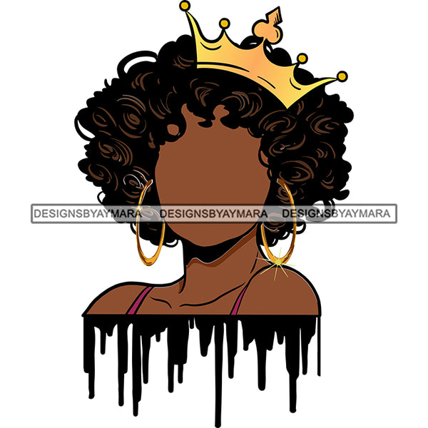 Black Woman No Face Wearing Purple Bra Curly Hairs Style Gold Golden Crown Girl Jewelry Earrings Magic Melanin Nubian African American Lady Black Paint Dripping SVG JPG PNG Vector Clipart Cricut Silhouette Cut Cutting