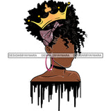 Black Woman Curly Hair Style Bow Gold Golden Crown Girl Wearing Jewelry Earrings Magic Melanin Nubian African American Lady Black Paint Dripping SVG JPG PNG Vector Clipart Cricut Silhouette Cut Cutting
