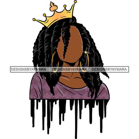 Black Woman Wearing Purple Shirt Curly Hair Style Gold Golden Crown Girl Jewelry Earrings Magic Melanin Nubian African American Lady Black Paint Dripping SVG JPG PNG Vector Clipart Cricut Silhouette Cut Cutting