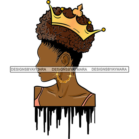 Black Woman Side Pose Wearing Pink Bra Curly Hair Brown Braids Style Gold Golden Crown Girl Jewelry Earrings Magic Melanin Nubian African American Lady Black Paint Dripping SVG JPG PNG Vector Clipart Cricut Silhouette Cut Cutting