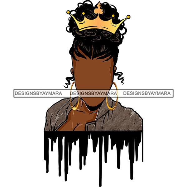 Black Woman Wearing Gray Shirt Showing Cleavage Curly Hair Braids Style Gold Golden Crown Girl Jewelry Earrings Magic Melanin Nubian African American Lady Black Paint Dripping SVG JPG PNG Vector Clipart Cricut Silhouette Cut Cutting