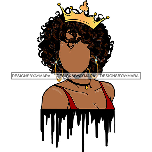 Black Woman Wearing Red Bra Showing Cleavage Curly Brown Hairs Hair Style Gold Golden Crown Girl Jewelry Earrings Necklace Magic Melanin Nubian African American Lady Black Paint Dripping SVG JPG PNG Vector Clipart Cricut Silhouette Cut Cutting