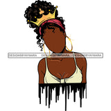 Black Woman Wearing White Bra Showing Cleavage Curly Hairs Braids Hair Band Style Gold Golden Crown Girl Jewelry Earrings Necklace Magic Melanin Nubian African American Lady Black Paint Dripping SVG JPG PNG Vector Clipart Cricut Silhouette Cut Cutting