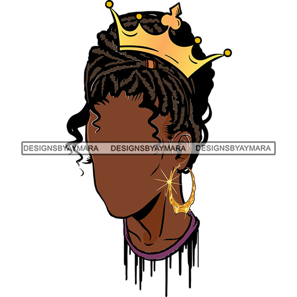 Black Woman Dummy Head Wearing Purple Shirt Curly Hairs Braids Style Gold Golden Crown Girl Jewelry Earrings Magic Melanin Nubian African American Lady Black Paint Dripping SVG JPG PNG Vector Clipart Cricut Silhouette Cut Cutting