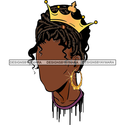 Black Woman Dummy Head Wearing Purple Shirt Curly Hairs Braids Style Gold Golden Crown Girl Jewelry Earrings Magic Melanin Nubian African American Lady Black Paint Dripping SVG JPG PNG Vector Clipart Cricut Silhouette Cut Cutting