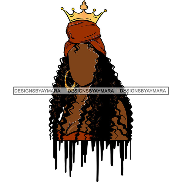 Black Woman Dummy Wearing Orange Dress Showing Cleavage Curly Hairs Style Gold Golden Crown Turban Girl Jewelry Earrings Magic Melanin Nubian African American Lady Black Paint Dripping SVG JPG PNG Vector Clipart Cricut Silhouette Cut Cutting
