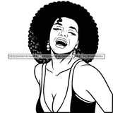 Black Smiling Woman Wearing Yellow Bra Showing Cleavage Curly Hairs Style Girl Jewelry Earrings Makeup Red Lipstick Magic Melanin Nubian African American Lady SVG JPG PNG Vector Clipart Cricut Silhouette Cut Cutting Black And White