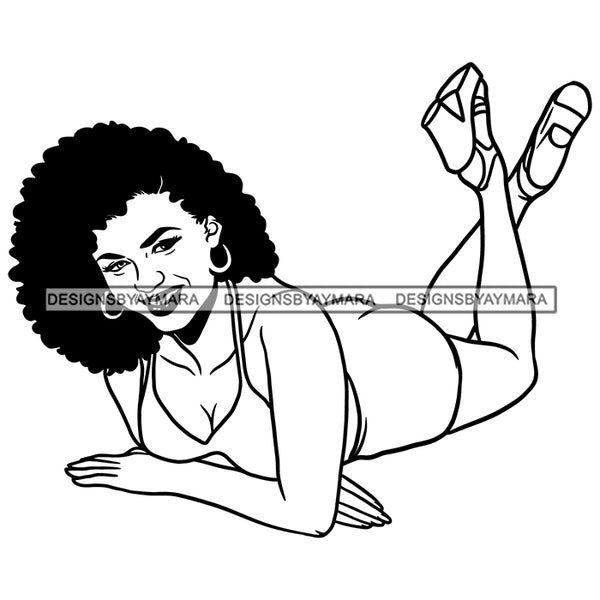 Black Smiling Woman Laying Down Downward Wearing White Bikini Bra Panty Showing Cleavage Curly Hairs Style Girl Gold Jewelry Earrings Makeup Red Lipstick Magic Melanin Nubian Lady SVG JPG PNG Vector Clipart Cricut Silhouette Cut Cutting Black And White
