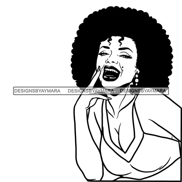 Black Smiling Woman Wearing White Bra Showing Cleavage Curly Hairs Style Girl Gold Jewelry Earrings Makeup Red Lipstick Magic Melanin Nubian African American Lady SVG JPG PNG Vector Clipart Cricut Silhouette Cut Cutting Black And White