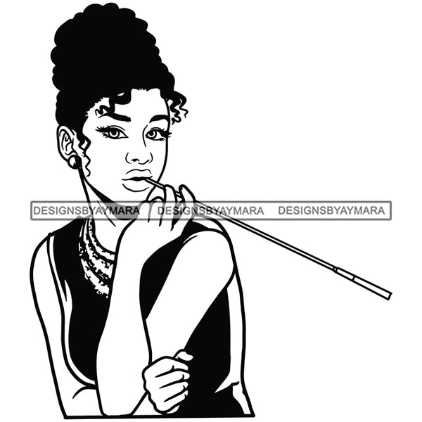 Black Hot Woman Holding Stick Wearing Yellow Black Dress Curly Joora Hairs Style Girl Gold Jewelry Earrings Makeup Red Lipstick Magic Melanin Nubian African American Lady SVG JPG PNG Vector Clipart Cricut Silhouette Cut Cutting Black And White