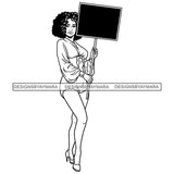 Black Hot Sexy Woman Holding Poster Banner Sign Board Wearing Yellow Blouse Shorts Heel Shoes Curly Hairs Style Girl Magic Melanin Nubian African American Lady SVG JPG PNG Vector Clipart Cricut Silhouette Cut Cutting Black And White