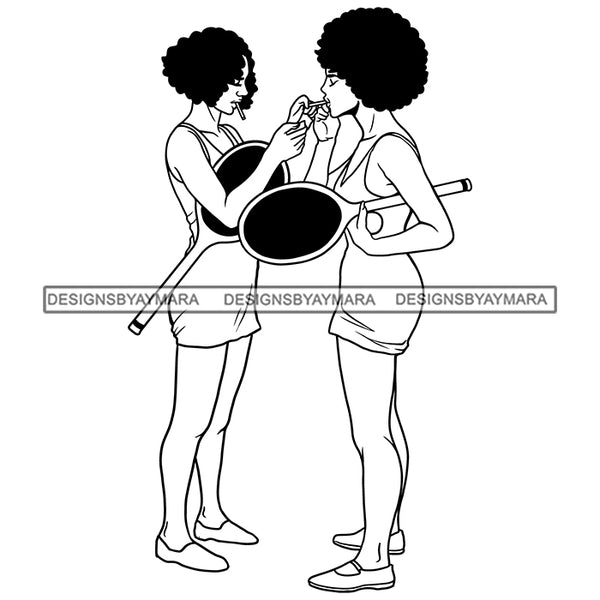 Black Woman Smoking Cigarette Holding Tennis Racket Ball Wearing White Dress Curly Hairs Style Girl Magic Melanin Nubian African American Lady SVG JPG PNG Vector Clipart Cricut Silhouette Cut Cutting Black And White