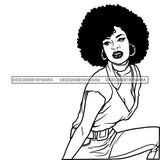 Black Hot Woman Wearing White Sexy Shirt Pant Curly Hairs Style Girl Makeup Red Lipstick Golden Gold Jewelry Earrings Magic Melanin Nubian African American Lady SVG JPG PNG Vector Clipart Cricut Silhouette Cut Cutting Black And White