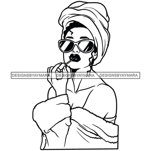 Black Hot Woman Wearing Sunglasses White Bath Robe Showing Cleavage Head Towel Curly Hairs Style Girl Makeup Red Lipstick Lip-gloss Magic Melanin Nubian African American Lady SVG JPG PNG Vector Clipart Cricut Silhouette Cut Cutting Black And White