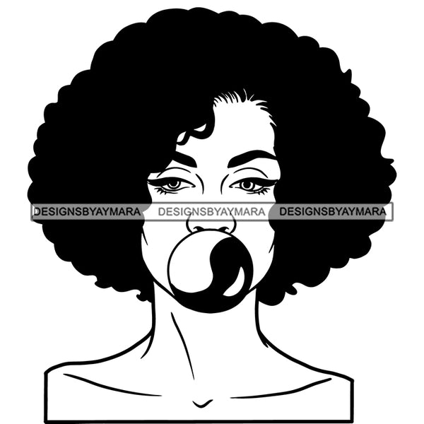Black Woman Blowing Air Bubble Gum Pink Balloon Curly Hairs Style Girl Long Eyelashes Hazel Eyes Naked Nude Girl Magic Melanin Nubian African American Lady SVG JPG PNG Vector Clipart Cricut Silhouette Cut Cutting Black And White