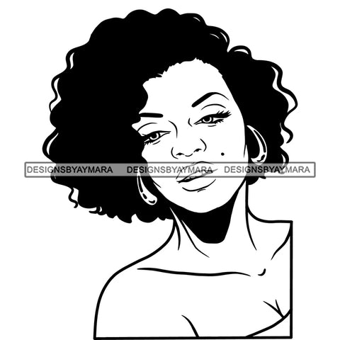 Black Hot Sexy Woman Dark Mole Face Wearing Dress Showing Cleavage Curly Hairs Style Girl Red Lipstick Makeup Golden Gold Jewelry Earrings Magic Melanin Nubian African American Lady SVG JPG PNG Vector Clipart Cricut Silhouette Cut Cutting Black And White