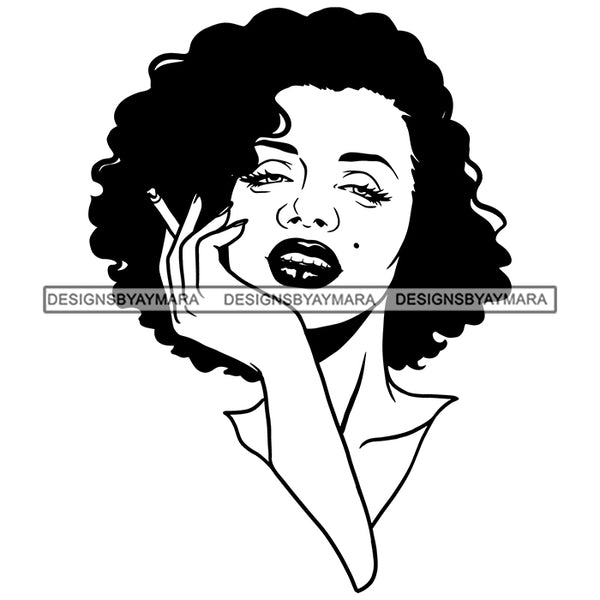 Black Hot Woman Smoking Cigarette Dark Mole Face Curly Hairs Style Girl Red Lipstick Makeup Magic Melanin Nubian African American Lady SVG JPG PNG Vector Clipart Cricut Silhouette Cut Cutting Black And White