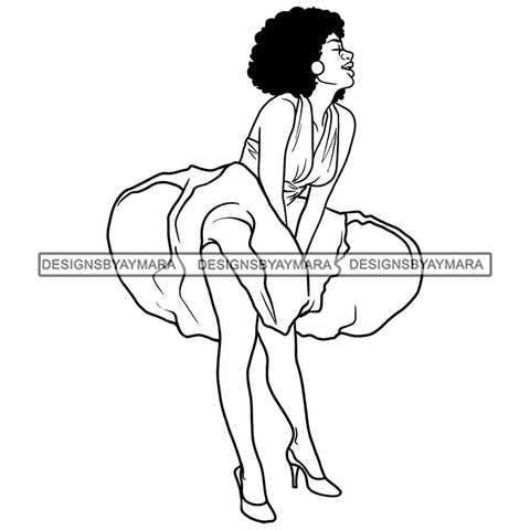 Black Hot Sexy  Woman Wearing Yellow Dress Showing Cleavage Standing Curly Hairs Style Girl Red Lipstick Makeup Earrings Jewelry  Magic Melanin Nubian African American Lady SVG JPG PNG Vector Clipart Cricut Silhouette Cut Cutting Black And White