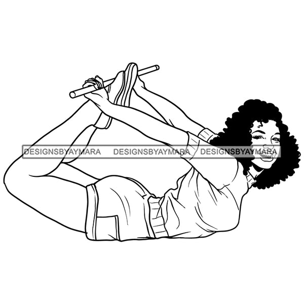 Black Woman Stretching Yoga Exercise Holding Stick Wearing Shorts Shirt Curly Hairs Style Girl Red Lipstick Makeup Magic Melanin Nubian African American Lady SVG JPG PNG Vector Clipart Cricut Silhouette Cut Cutting Black And White