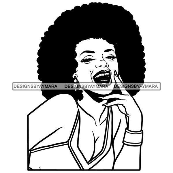 Black Hot Sexy Woman Black Mole Face Wearing Red Dress Showing Cleavage Bracelet Curly Hairs Style Girl Red Lipstick Makeup Golden Gold Earrings Jewelry Magic Melanin Nubian Lady SVG JPG PNG Vector Clipart Cricut Silhouette Cut Cutting Black And White