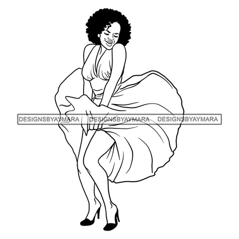 Black Woman Wearing Hot Sexy Dress High Heals Smiling Black Mole Eyes Closed Curly Hairs Style Girl Gold Golden Jewelry Earrings Makeup Black Lipstick Magic Melanin Nubian Lady SVG JPG PNG Vector Clipart Cricut Silhouette Cut Cutting Black And White