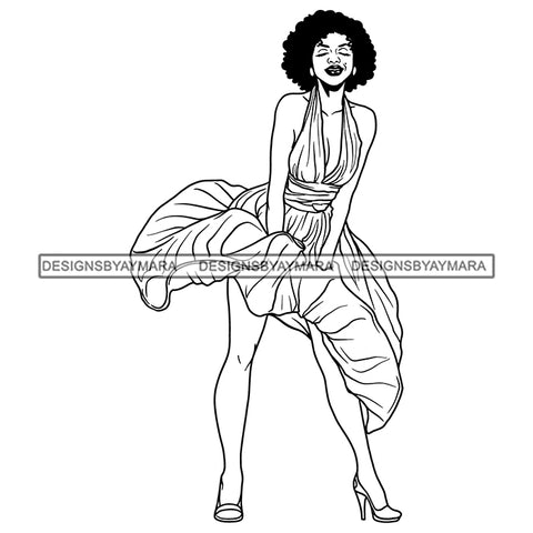 Black Woman Wearing Hot Sexy Dress High Heals Showing Cleavage Eye Closed Curly Hairs Style Girl Gold Golden Jewelry Earrings Makeup Black Lipstick Magic Melanin Nubian Lady SVG JPG PNG Vector Clipart Cricut Silhouette Cut Cutting Black And White