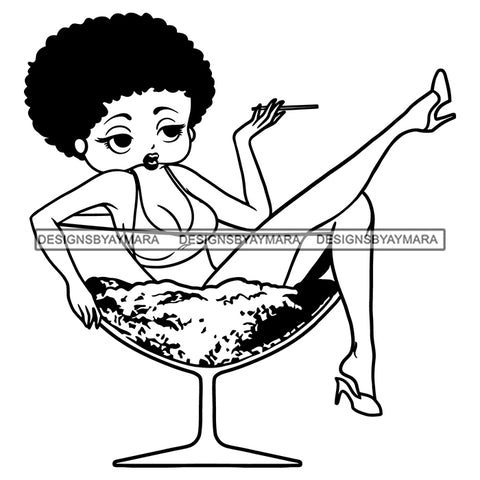 Afro Cute Sexy Betty Sensual Curvy Boss Lady Martini Glass Smoking Big Eyes Queen Melanin Curly Afro Hair Style SVG PNG JPG Cutting Files For Silhouette Cricut More