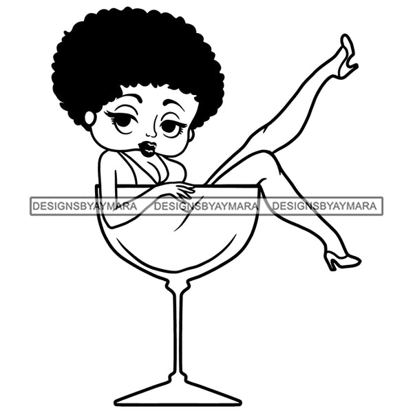 Afro Cute Sexy Betty Sensual Curvy Boss Lady Martini Glass Big Eyes Queen Melanin Curly Afro Hair Style SVG PNG JPG Cutting Files For Silhouette Cricut More
