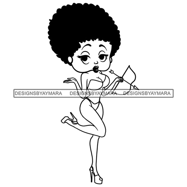 Afro Cute Sexy Betty Cupid Holding Arrow Sensual Curvy Boss Lady Big Eyes Queen Melanin Curly Afro Hair Style SVG PNG JPG Cutting Files For Silhouette Cricut More